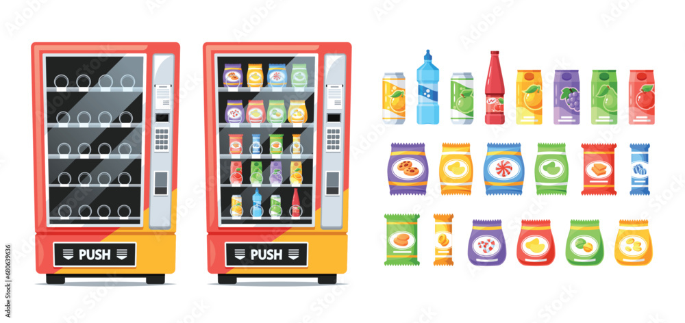 Vending Machines With Snacks And Beverages, Offering A Tempting Array Of Treats. The Hum Of Convenience, Modern Devices Vending Machines With Snacks And Beverages, Offering A Tempting Array Of Treats. The Hum Of Convenience, Modern Devices
