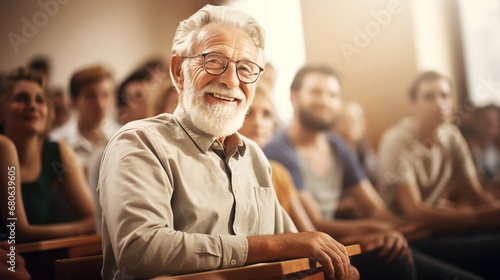 Portrait of An elderly happy senior man is sitting at a lecture with young students. The concept of the Continuous Learning, Improvement.  photo