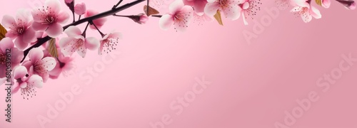 Beautiful pink spring background with flowering branches and copy space