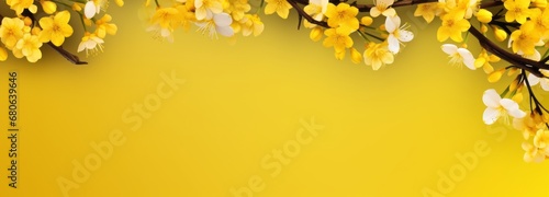 Beautiful yellow spring background with flowering branches and copy space