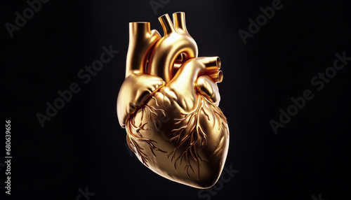 Heart of gold, literally taken, human heart organ made out of gold isolated on black background photo