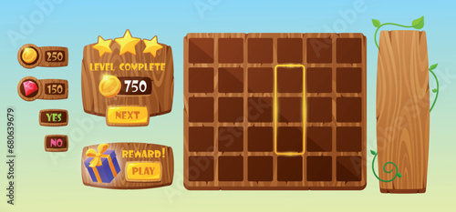 Forest Game Menu Interface, Wooden Board With Checks, Buttons, And Options. Cartoon Vector Ui Or Gui Interface Elements