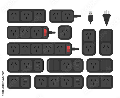 power outlet plug extension strip switch australian chinese type i set vector flat illustration