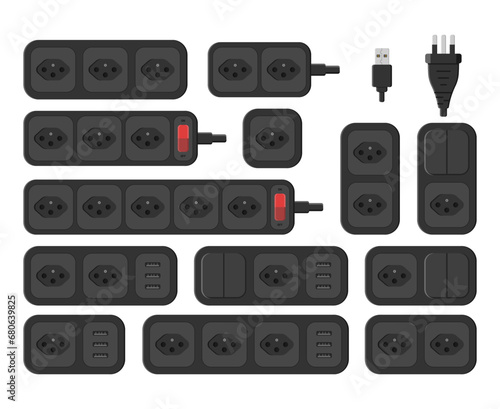 power outlet plug extension strip switch swiss type j set vector flat illustration