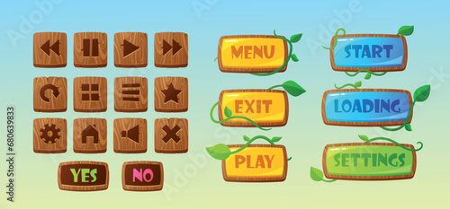 Game Menu Interface, Wooden Board With Buttons Restart, Loading, Play, Settings And Exit. Cartoon Vector Ui Or Gui