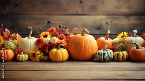 Fall background for Thanksgiving with pumpkins and fall leaves on a wooden table