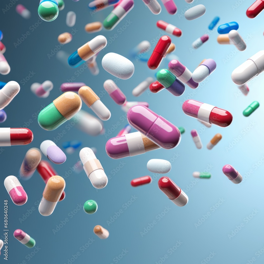 Few multi-colored pills randomly floating, solid background Few multi-colored pills randomly floating, solid background