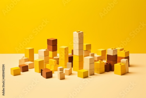 Arrangement with adorable building blocks neatly arranged on a yellow background