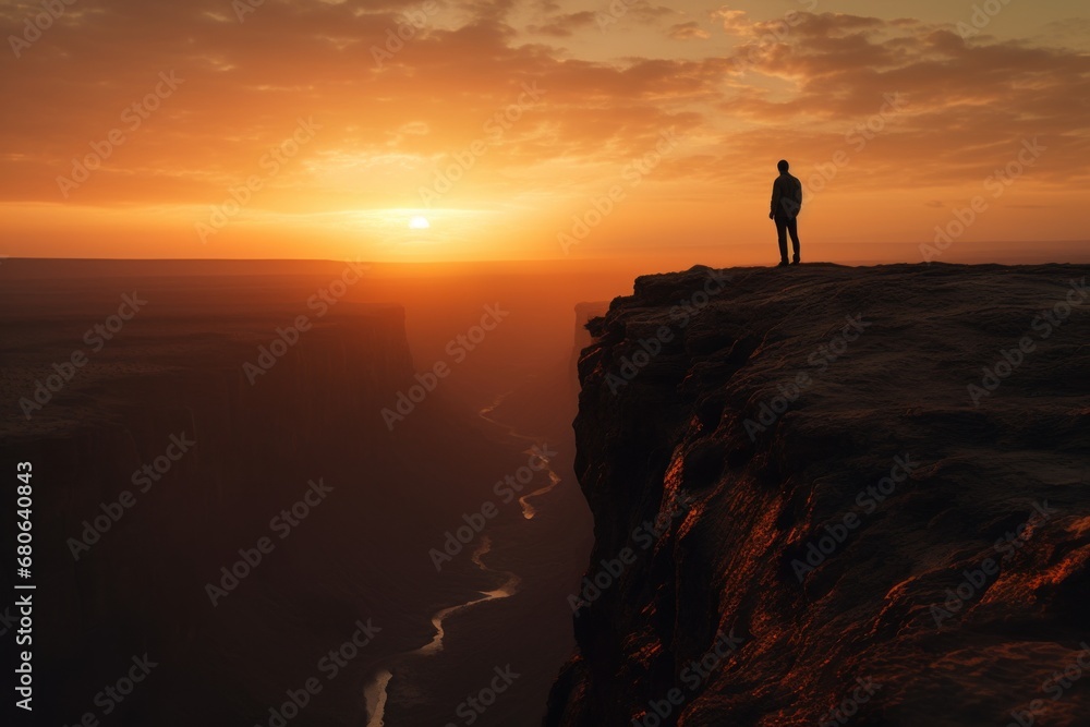 man standing on edge of cliff at sunset concept of destination