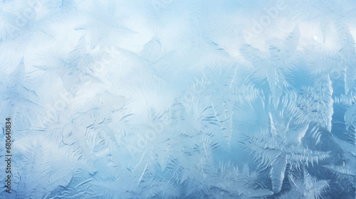 Winter frosted window glass blue color background