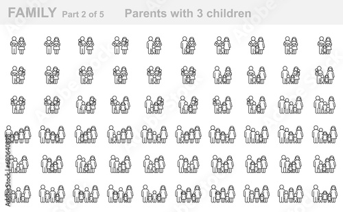 Family (Part 2 of 5). Parents with three children. Father, mother, son, daughter, newborn, infant, kid, teenager. Set of outline icons (thin line vector). Editable Strokes