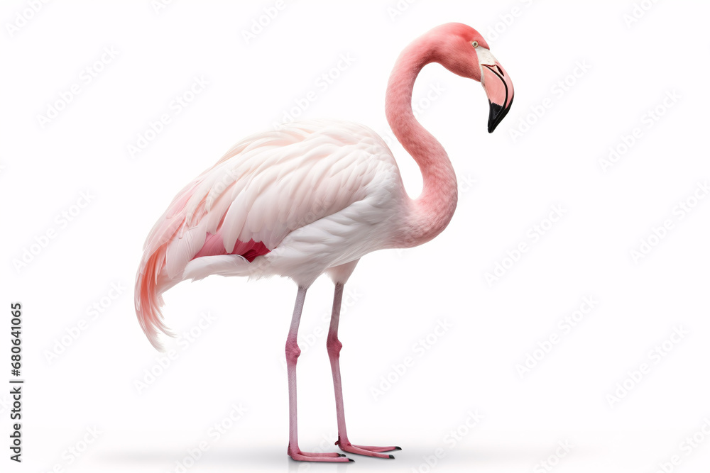 Fototapeta premium A Pink Flamingo with its neck shaped like a heart, one leg raised, standing isolated on a white background.