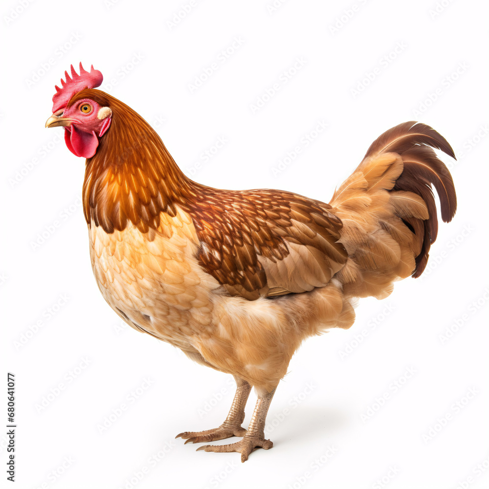 Fototapeta premium A solitary juvenile chicken positioned against a plain backdrop, viewed from the side.
