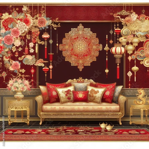 An elegant and traditional scene with a rich color palette of red and gold, incorporating traditional Chinese patterns and motifs photo