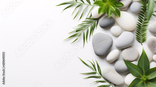 Cosmetic products on a pale backdrop with foliage and pebbles, providing room to write.