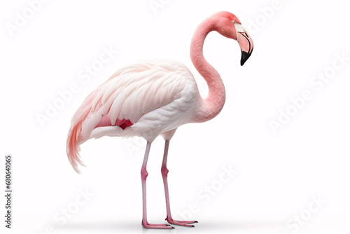 A Pink Flamingo with its neck shaped like a heart, one leg raised, standing isolated on a white background. © ckybe
