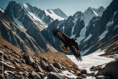 A stealthy golden eagle, captured mid-flight against a backdrop of rugged mountain peaks. photo
