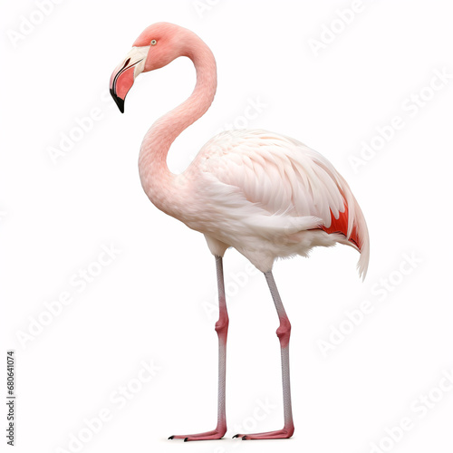 A Pink Flamingo stands isolated, curling its heart-shaped neck and raising one leg, on a white backdrop.