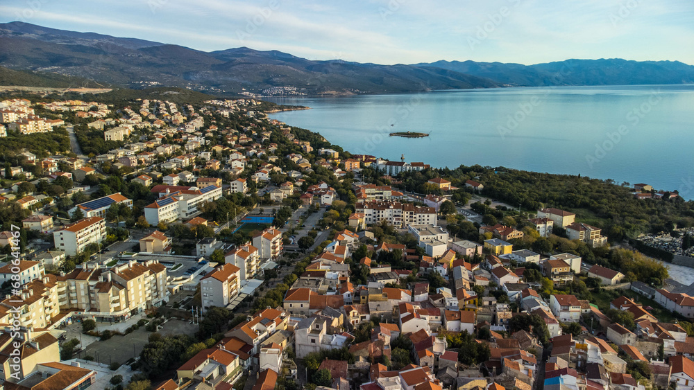 Novi Vinodolski, aerial view, coast, small city, Croatia