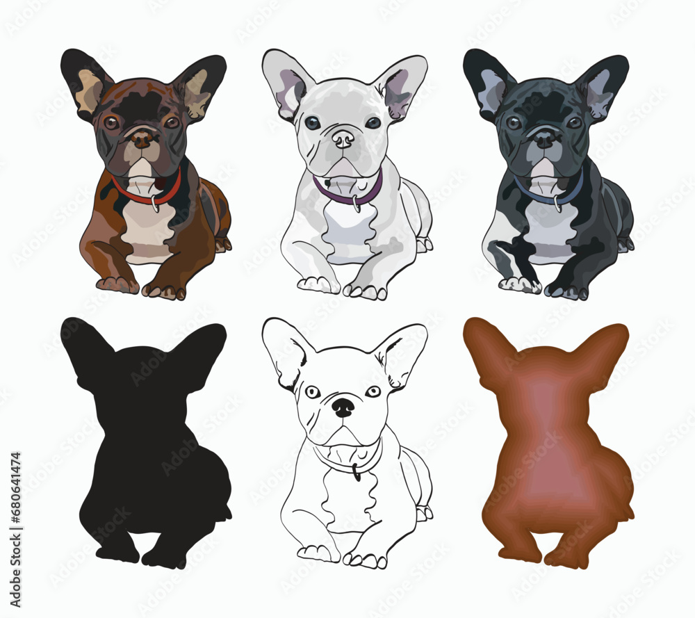 French bulldog drawing art. Cute dog character in a sitting pose, designs for printing, cute cartoon vector set. Black, fawn, brown. Stickers collection, silhouette, outline, french bulldog contour. French bulldog drawing art. Cute dog character in a sitting pose, designs for printing, cute cartoon vector set. Black, fawn, brown. Stickers collection, silhouette, outline, french bulldog contour.