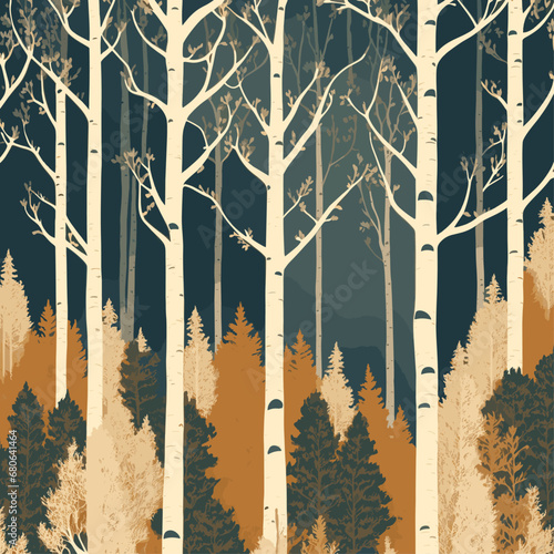 Birch tree pattern. Seamless vector illustration pattern with conifer and birch trees. Perfect for textile, wallpaper or print design. Fabric Design for wallpapers, web site background, postcard.	 photo