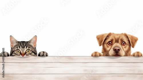 A cat and a dog peeking over a wooden ledge with curious expressions.