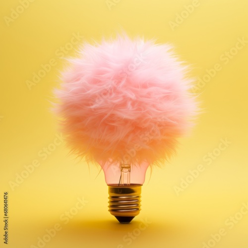Minimal light bulb made of pinkfur against pastel pink background