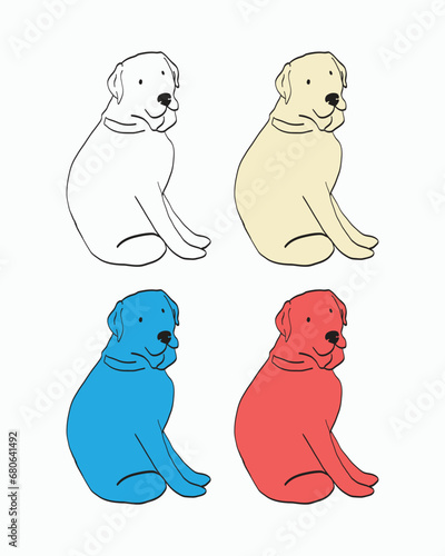 Golden retriever art, doodles. Cute dog in a sitting pose, book illustration, cartoonish retriever. Black, red, clue, golden. Stickers collection, silhouette, outline, retriever contour. Dog lovers.