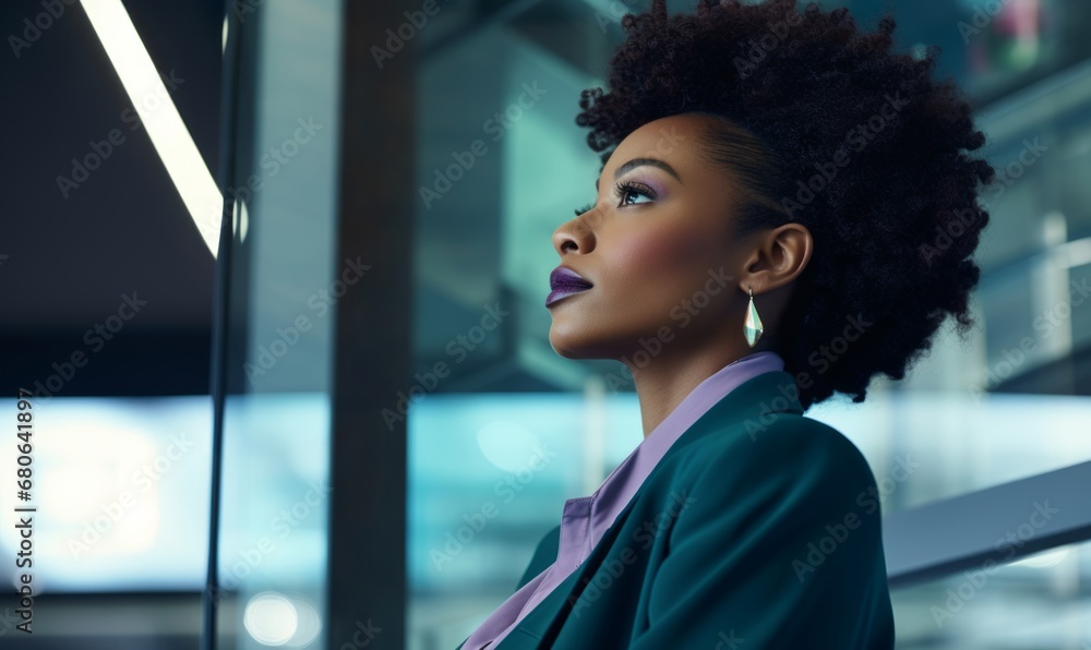 Obraz premium Portrait Young Caucasian Businesswoman. Cityscape in background she standing against contemporary corporate skyscrapers in financial district. Female leadership, girl power, business on the go concept