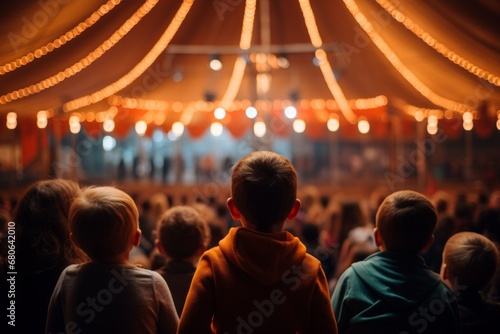 rear view kid children watching show on stage in circus carnival festive celebration in dome tent with crowd people inside exited lifestyle