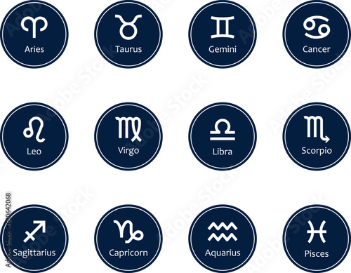 Zodiac signs, blue icons, vector. Horoscope. Zodiac signs symbols: Aries, Taurus, Gemini, Cancer, Leo, Virgo, Libra, Scorpio, Sagittarius, Capricorn, Aquarius and Pisces.