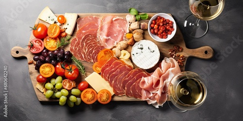 Antipasto Elegance - A Wine Set Appetizer Extravaganza. Savor Serrano Ham, Smoked Salmon, Sun-kissed Tomatoes, Olive Cheese on a Stylish Board. Top View against a Chic Gray Concrete Background