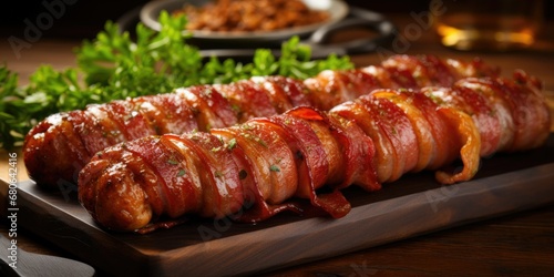 Bacon-Wrapped Indulgence - Grilled Sausages, Enveloped in Crispy Bacon Fat, Creating a Symphony of Deliciousness