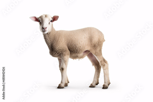 A lamb  sitting alone on a white backdrop  stares into the camera with symbolic innocence and mortality.