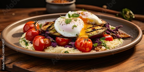 Sunrise Delight - Eastern Breakfast Unveiled! Poached Eggs, Tomatoes, Couscous, Roasted Eggplant, and Spicy Sauce Arranged Artfully on a Ceramic Plate