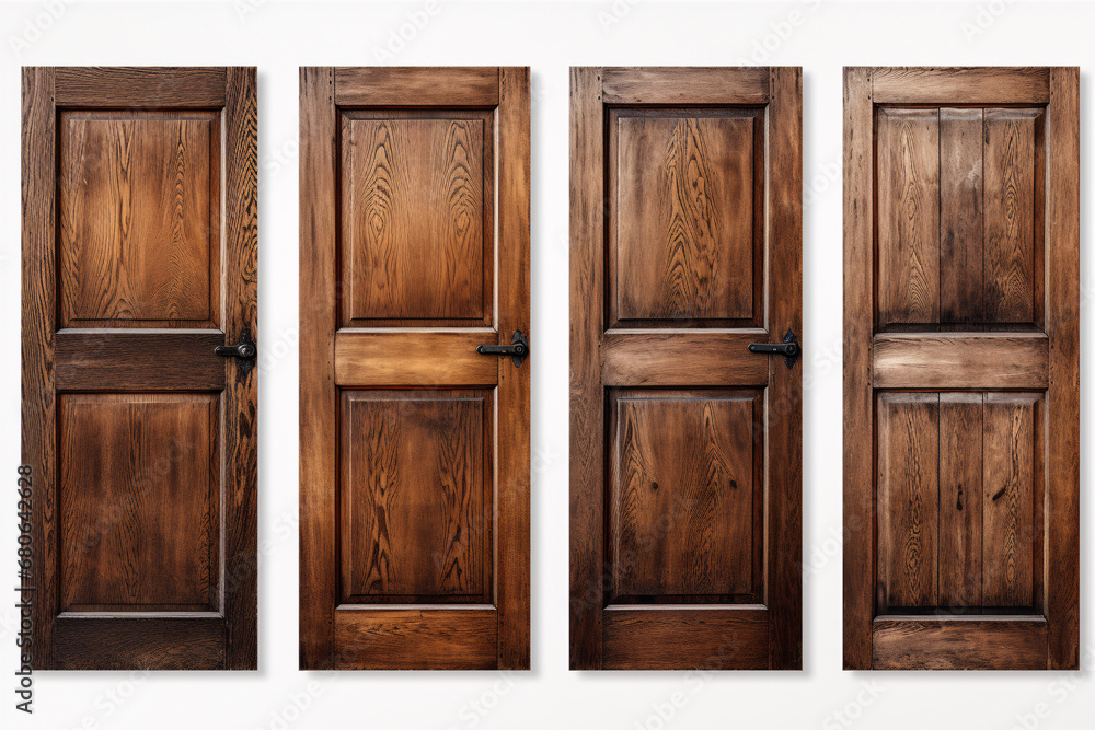 A cluster of wooden doors placed on a pale background.
