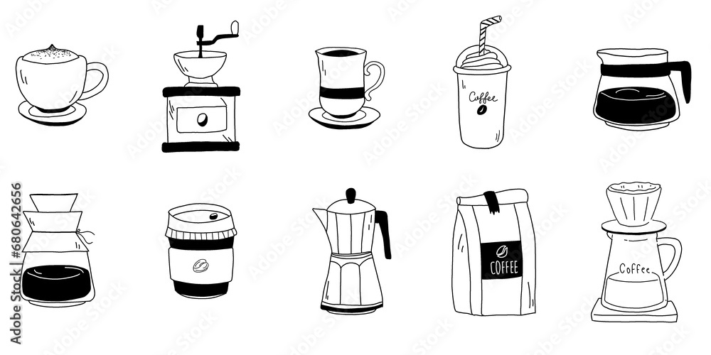 Hand drawn illustration for a coffee shop menu. Set with different
