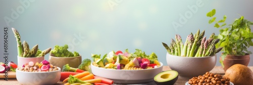 Fresh vegan ingredients arranged on a wooden surface with soft lighting and a gradient backdrop