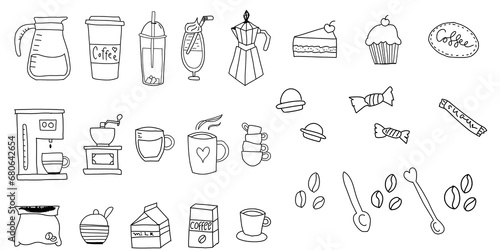 Hand drawn illustration for a coffee shop menu. Set with different types of coffee grinders, turks, coffee beans, chocolate, biscuits, coffee pots. photo