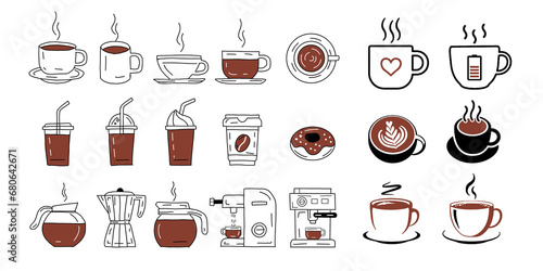 Hand drawn illustration for a coffee shop menu. Set with different types of coffee grinders, turks, coffee beans, chocolate, biscuits, coffee pots. photo