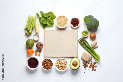 Neatly organized vegan ingredients with a central copy space on a white background. Veganuary.
