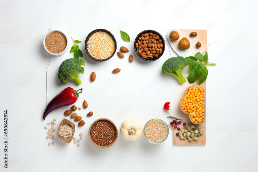 Creative display of vegan ingredients for Veganuary challenge with a central copy space for text Creative display of vegan ingredients for Veganuary challenge with a central copy space for text