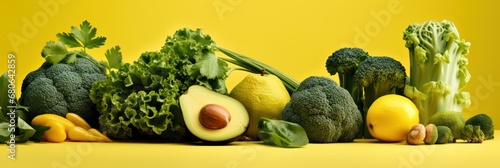 Lush green vegetables and avocado spread against a sunny yellow backdrop for Veganuary. banner photo