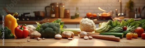 Cozy kitchen scene illuminating a rich array of vegetables on a wooden board for Veganuary © olga_demina