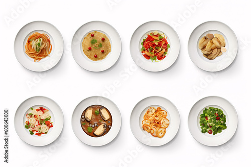 A collection of nourishment, seen from above, isolated on a white surface.