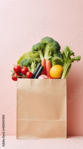 Vegan shopping essentials with fresh vegetables and fruits in a beige tote on a pink backdrop
