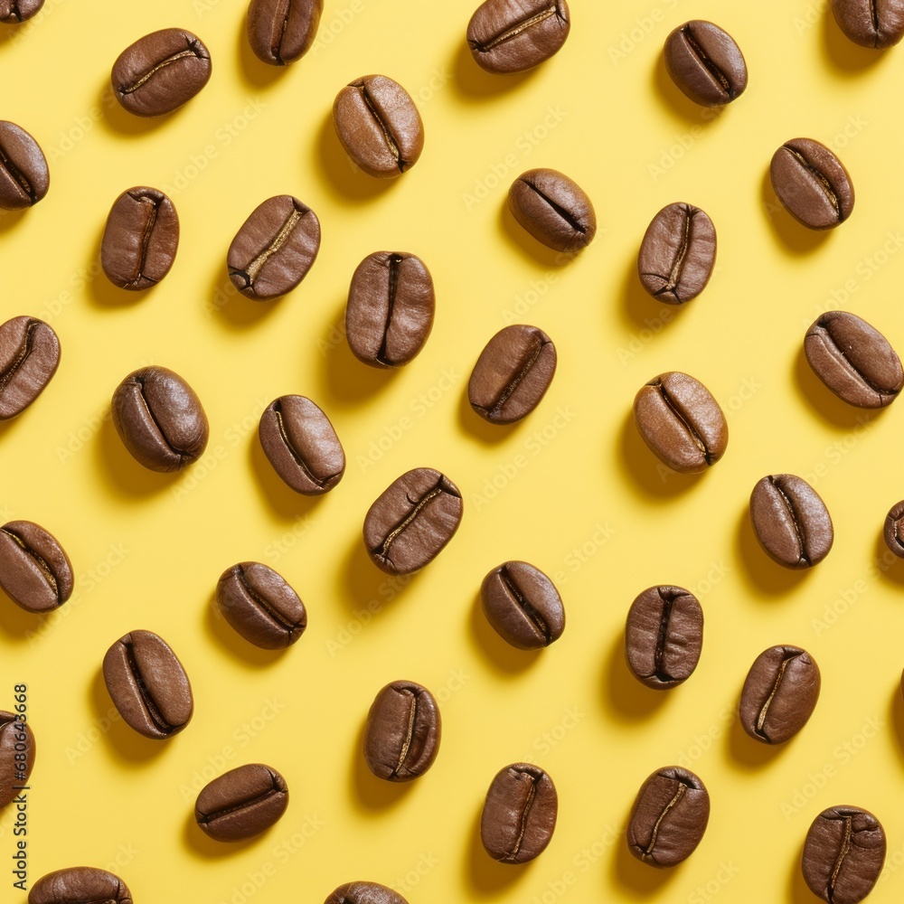 Pattern made of coffee beans against yellow background, perfect Pattern made of coffee beans against yellow background, perfect