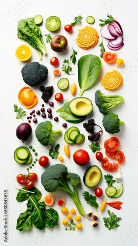 colorful composition of vegan foods, including fresh produce and grains, neatly arranged on white