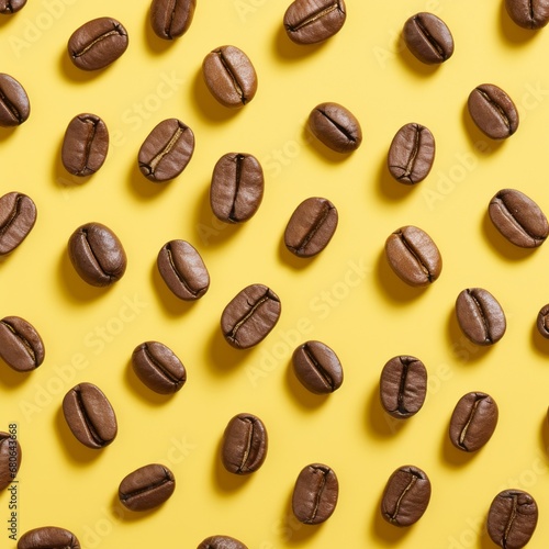 Pattern made of coffee beans against yellow background, perfect