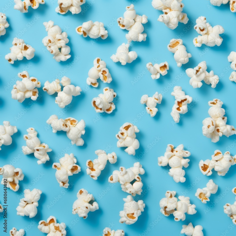 Pattern made of popcorn against light blue background 